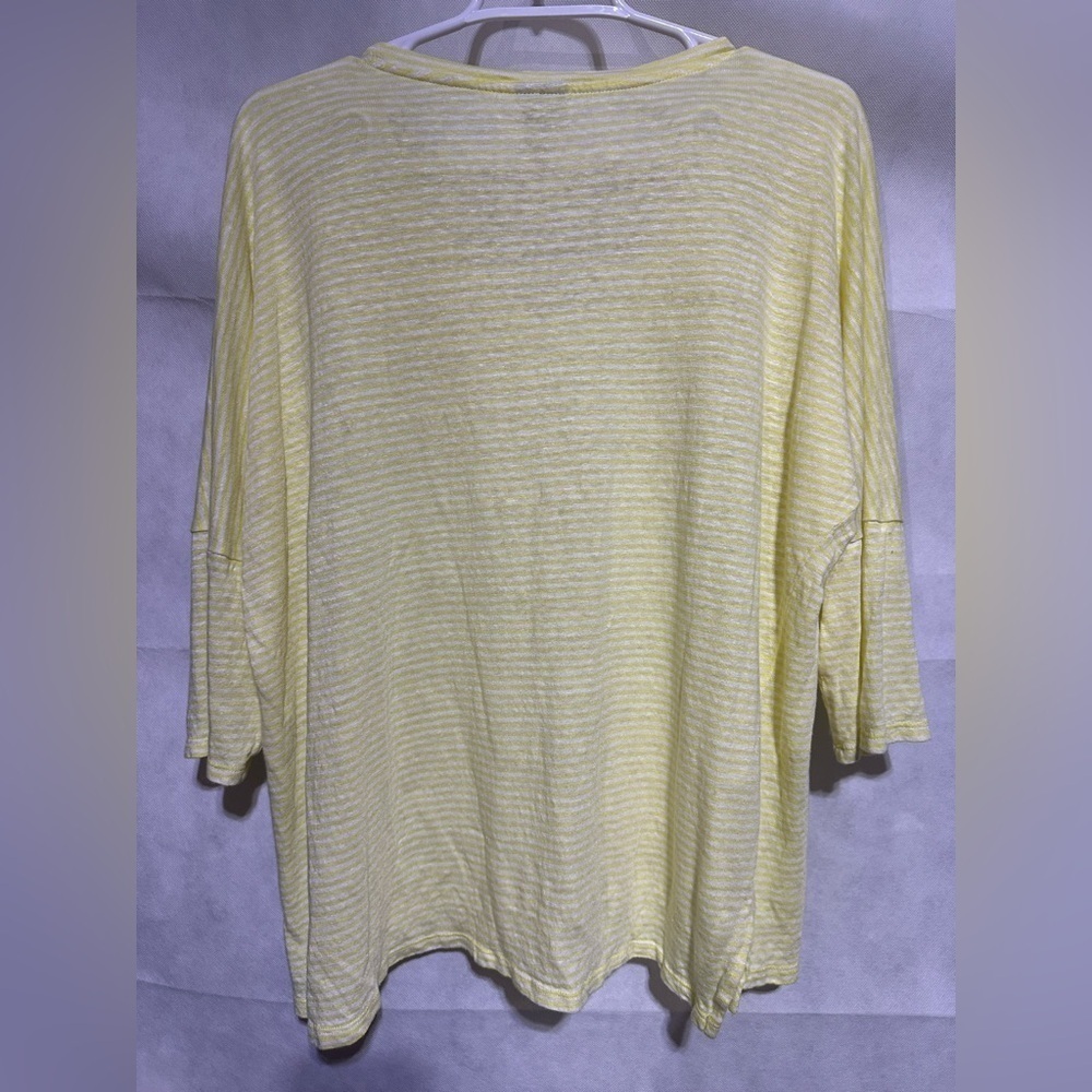 Chicos Womens 100% Linen Top Sz 2 / L Yellow Striped V Neck Dolman Sleeve Boxy - Picture 2 of 5